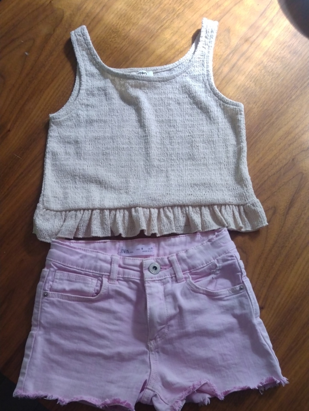 Zara Kids Cream Ruffle Tank Top with Light Pink Denim Shorts